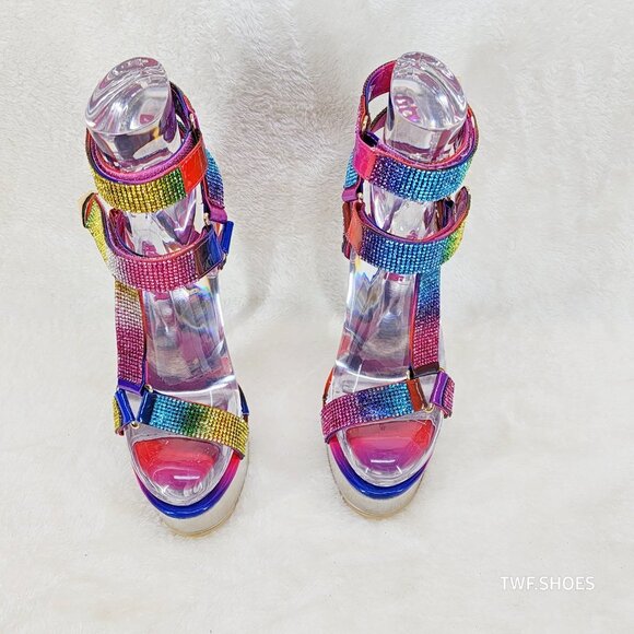 Bulls Rainbow Rhinestone Harness Strap Clear Platform Heels - Picture 5 of 17